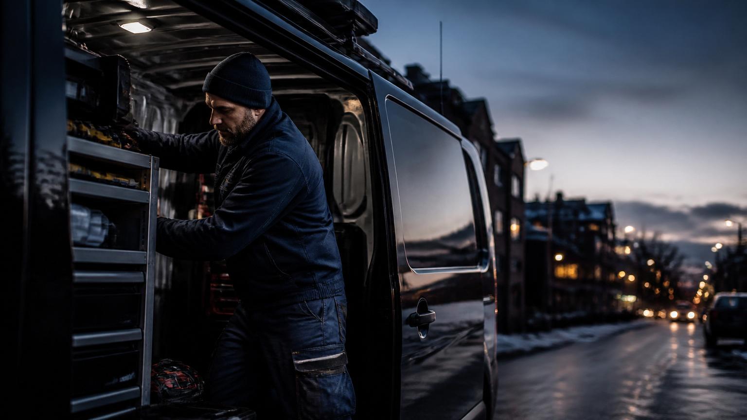 Electrician loading tools into a work van on a UK street at dusk